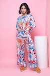 Buy_Rhe-Ana_Blue Rayon Printed Blooming Flower Round Knotted Top And Pant Co-ord Set  _Online_at_Aza_Fashions