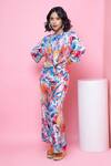 Shop_Rhe-Ana_Blue Rayon Printed Blooming Flower Round Knotted Top And Pant Co-ord Set  _Online_at_Aza_Fashions