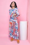 Rhe-Ana_Blue Rayon Printed Blooming Flower Round Knotted Top And Pant Co-ord Set  _at_Aza_Fashions