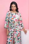 Rhe-Ana_Green Rayon Printed Pastel Floral Round Knotted Top And Pant Set  _at_Aza_Fashions