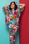 Rhe-Ana_Orange Rayon Printed Abstract Floral Collared Shirt And Pant Co-ord Set  _at_Aza_Fashions