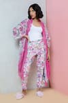 Rhe-Ana_Pink Cape  Linen/cotton Blend Printed Floral Overlay And Straight Pant Set _Online_at_Aza_Fashions