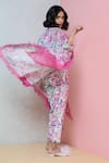 Shop_Rhe-Ana_Pink Cape  Linen/cotton Blend Printed Floral Overlay And Straight Pant Set _Online_at_Aza_Fashions