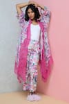 Rhe-Ana_Pink Cape  Linen/cotton Blend Printed Overlay And Straight Pant Set  _at_Aza_Fashions