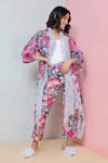 Rhe-Ana_Magenta Cape - Linen/cotton Blend Printed Vibrant And Pant Co-ord Set  _Online_at_Aza_Fashions