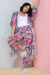 Rhe-Ana_Magenta Cape - Linen/cotton Blend Printed Vibrant And Pant Co-ord Set  _at_Aza_Fashions