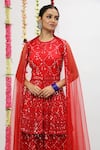 Shian_Red Net Embroidered Thread Round Neck Peplum Kurta Sharara Set  _Online_at_Aza_Fashions