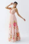 suruchi parakh_Pink Georgette Crepe Hand Painted Floral Motifs V Neck Gown_Online_at_Aza_Fashions