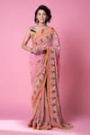 Buy_Siddhartha Bansal_Pink Crepe Embroidery, Sequins Scoop Neck Floral Print And Saree With Blouse _Online_at_Aza_Fashions