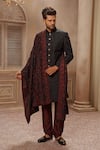 Buy_Vanshik_Maroon Raw Silk Embroidered Sherwani Set _at_Aza_Fashions