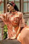 Amrin khan_Peach Georgette Print And Embroidery Floral Jacket And Pleated Pant Set  _Online_at_Aza_Fashions