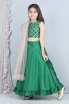 Shop_The Little Celebs_Green Silk, Net, Crepe Gota Patti, Fringe Embroidered Blouse Lehenga Set _Online_at_Aza_Fashions