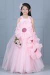 Shop_The little celebs_Pink Net Embroidery Swarovski Work Flowers 3d Floral Detail Flared Gown _Online_at_Aza_Fashions