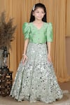 Buy_The Little Celebs_Green Silk, Crepe Pearls, Stones Embroidered Blouse And Lehenga Set _Online_at_Aza_Fashions