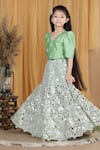 Shop_The Little Celebs_Green Silk, Crepe Pearls, Stones Embroidered Blouse And Lehenga Set _Online_at_Aza_Fashions