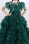 The Little Celebs_Green Net, Satin Feathers Tiered Ruffle Dress _at_Aza_Fashions