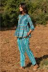 Buy_Rang Swati Vijaivargie_Blue Cotton Satin Round Striped Peplum Shirt _Online_at_Aza_Fashions