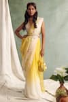 Buy_Priyanka Jain_Yellow Organza V Neck Saree With Blouse _at_Aza_Fashions