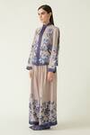Buy_Payal Pratap_Brown Linen Satin Printed Geometric Mandarin Collar Jepara Jacket  _Online_at_Aza_Fashions