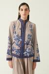 Payal Pratap_Brown Linen Satin Printed Geometric Mandarin Collar Jepara Jacket  _at_Aza_Fashions