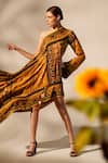 Nikita Mhaisalkar_Yellow Georgette Beads Asymmetric Aztec Print Dress _Online_at_Aza_Fashions
