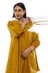 Shop Khat Yellow Poplin V-neck Pleated Cotton Dress Pant Co-ord Set Online at Aza Fashions Shop_Khat_Yellow Poplin V-neck Pleated Cotton Dress Pant Co-ord Set _Online_at_Aza_Fashions