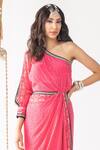 Chhavvi Aggarwal_Pink Crepe Embroidery Asymmetric Floret Print One Shoulder Draped Dress_Online_at_Aza_Fashions