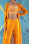 Kacha Tanka_Orange Dupion Art Silk Embroidery Floral Square Neck Mirror Crop Top Cape Set _Online_at_Aza_Fashions