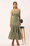 Zariya the Label_Green Cotton Woven Textured Halter Neck Tiered Dress _at_Aza_Fashions