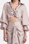 431-88 by Shweta Kapur_Beige Satin Sharyn Twisted Top_Online_at_Aza_Fashions