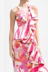 Shop_Mandira Wirk_Pink Satin Stripe And Leaf Round Ruffle Trim Gown_at_Aza_Fashions