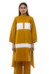 Khat Yellow Poplin, Cotton Mandarin Collar Panelled Mustard Dress And Pant Set at Aza Fashions Khat_Yellow Poplin, Cotton Mandarin Collar Panelled Mustard Dress And Pant Set _at_Aza_Fashions