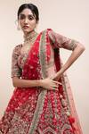 Kalighata_Red Silk Cut Work, Sequins, Raw Floret Embellished Bridal Lehenga Set _Online_at_Aza_Fashions