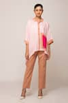 Ekavira_Pink Modal And Chameli Asymmetric Hem Shirt & Iris Brown Pant Set _at_Aza_Fashions