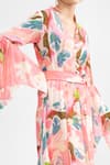 Shop_Mandira Wirk_Multi Color Chiffon Leaf V Neck Tropical Asymmetric Hem Dress_at_Aza_Fashions