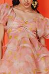 July Issue_Peach Organza, Crepe Sweetheart Neck Edna Floral Pattern Dress _Online_at_Aza_Fashions