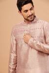 Hilo Design_Beige Cotton, Lycra, Silk Embroidery Florne Mandarin Collar Kurta Set _at_Aza_Fashions