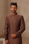 Shop_Vanshik_Black Woven Pushmina Blend Sherwani Set _at_Aza_Fashions