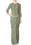Buy_Soup By Sougat Paul_Green Crepe Floral Round Neck Printed Saree With Bomber Jacket _at_Aza_Fashions