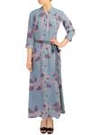 Buy_Soup by Sougat Paul_Blue Moss Crepe Mandarin Collar Printed Maxi Dress With Belt For Women_at_Aza_Fashions
