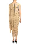 Shop_Soup by Sougat Paul_Beige Cotton Silk Printed Geometric Jewel Neck Pre-draped Saree Dress  _at_Aza_Fashions