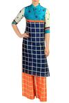Buy_Soup by Sougat Paul_Blue Checkered Kurta With Orange Palazzos  _at_Aza_Fashions