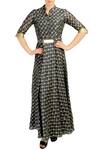 Buy_Soup by Sougat Paul_Black Chanderi Silk V Neck Printed Maxi Dress With Belt For Women_at_Aza_Fashions