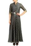Soup by Sougat Paul_Black Chanderi Silk V Neck Printed Maxi Dress With Belt For Women_Online_at_Aza_Fashions