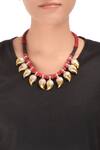 Shop_Sangeeta Boochra_Red And Black Thread Necklace With Gold Dipped Leaves_at_Aza_Fashions