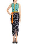 Soup by Sougat Paul_Blue Crepe Round Printed Draped Dress  _Online_at_Aza_Fashions