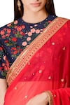 Sahil Kochhar_Pink Chanderi Embroidered Floral Crew Neck Saree With Blouse For Women_Online_at_Aza_Fashions