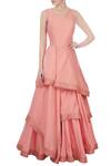 Buy_Neha Mehta Couture_Pink Leaf Neck Layered Flared Gown For Women_at_Aza_Fashions