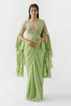 Buy_Suruchi Parakh_Green Satin Silk Printed Print Pre-draped Saree With Flared Sleeve Blouse _at_Aza_Fashions