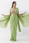 Suruchi Parakh_Green Satin Silk Printed Print Pre-draped Saree With Flared Sleeve Blouse _Online_at_Aza_Fashions